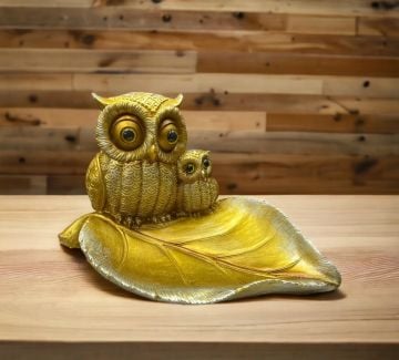 Dekoratif Polyester Yaprak Üstünde Baykuş Ve Yavru Biblosu  (12 cm)