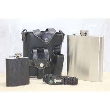 Deri Çantalı Survival Kamp Bileklikli 2 Mataralı Set (4 Parça)
