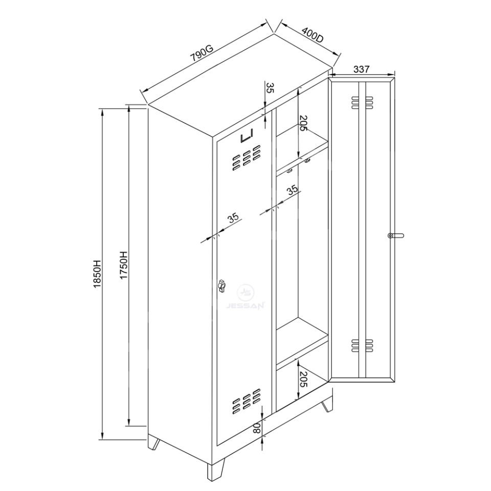 İKİLİ SOYUNMA DOLABI MAVİ 40 x 79 x 185h GRİ (7035)