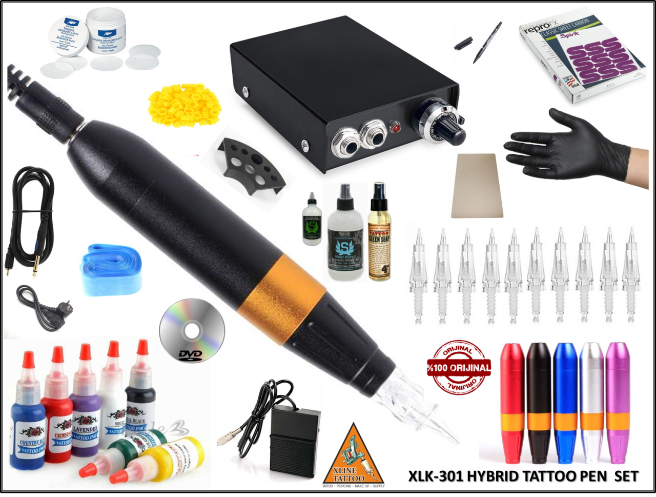 XL-201A HYBRID ÇANTALI  KALEM TİPİ KARTUŞLU AYARLI DÖVME MAKİNASI SETİ - SWISS MOTOR- 2 YIL GARANTİLİ - BLACK