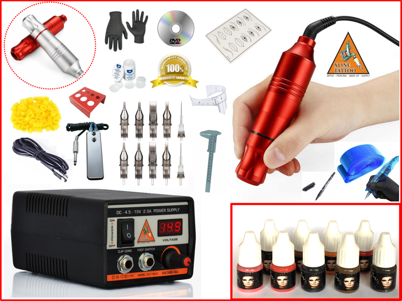 XL-5327A HYBRID ÇANTALI  RED TATTOO PEN KALICI MAKYAJ MAKİNASI SETİ - MABUCHI MOTOR