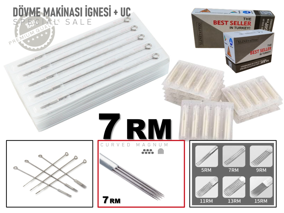 7RM TATTOO DÖVME MAKİNASI İĞNELERİ 5 İgne + 5 Uç