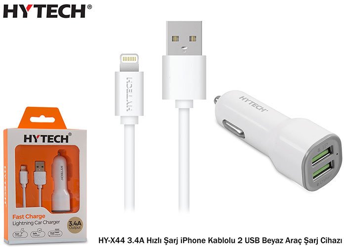 Hytech HY-X44 3.4A Hızlı Şarj iPhone Lightning Kablolu 2 USB Beyaz Araç Şarj Cihazı