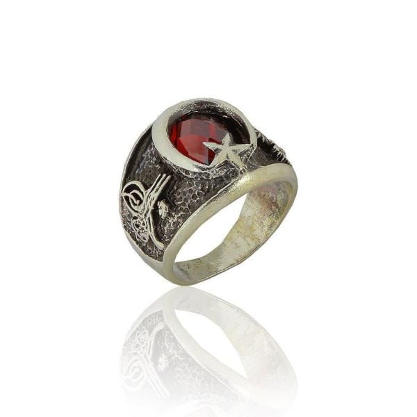 Garnet Stone Crescent and Star Model Sterling Silver Ring