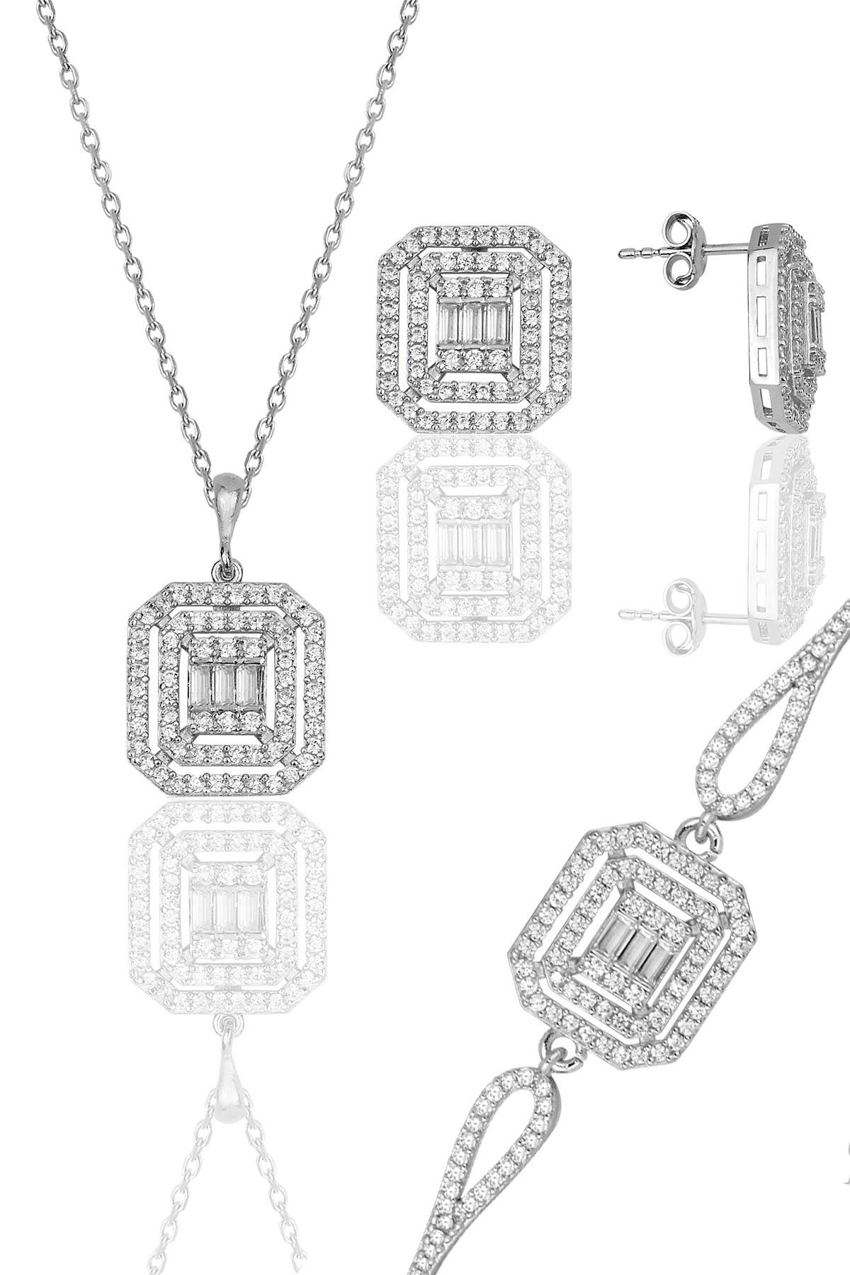 Gümüş Rodyumlu Pırlanta Montürlü Taşlı Baget Kolye Bileklik ve Küpeden oluşan set SGTL11923RODAJ