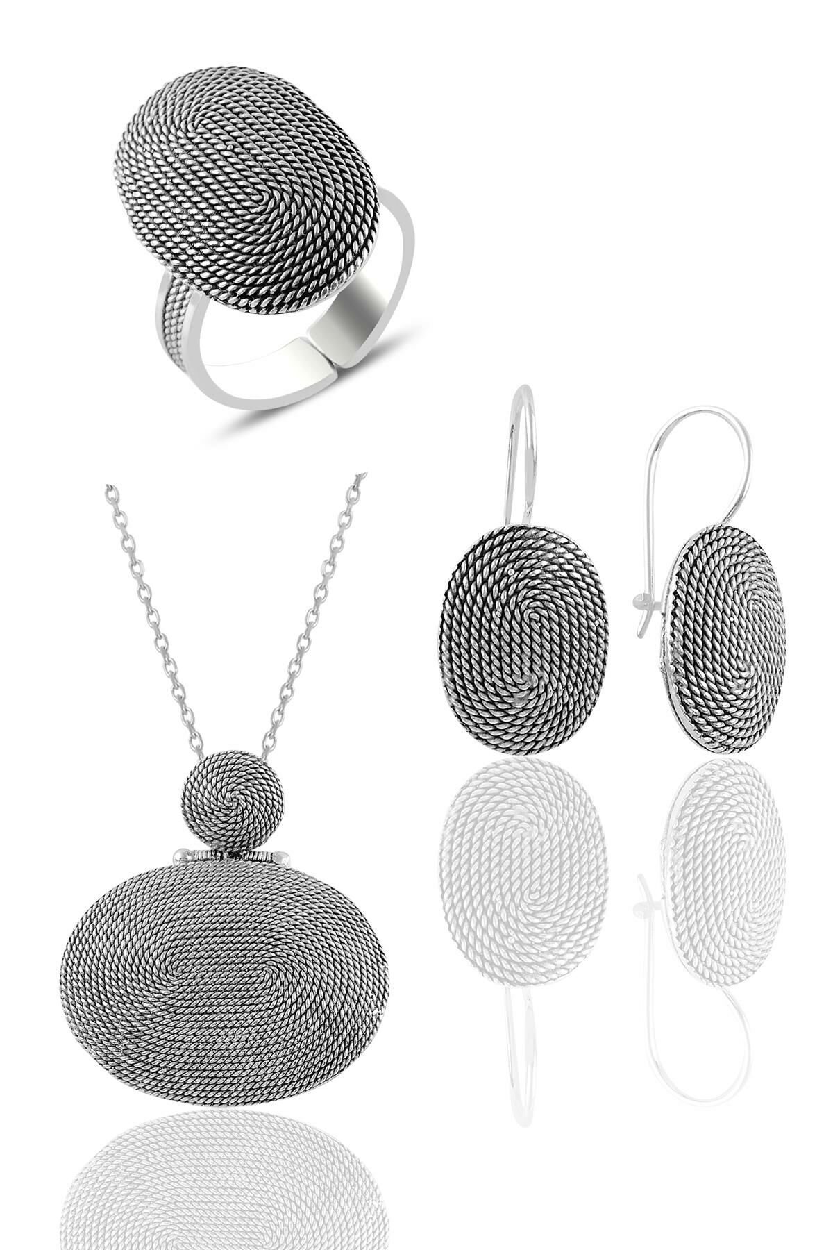 Silver snail pattern oval filigree triple set