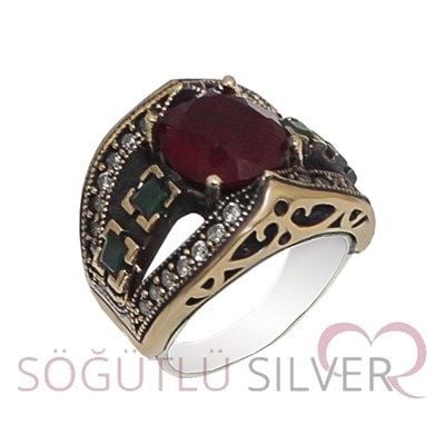 Authentic ring with root ruby, root emerald and zircon stones