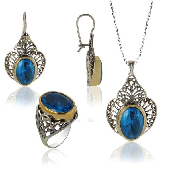 Set of three with aquamarine stones