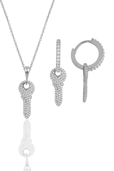 Gümüş rodyumlu zirkon taşlı anahtar kolye ve küpe ikili set SGTL11880RODAJ