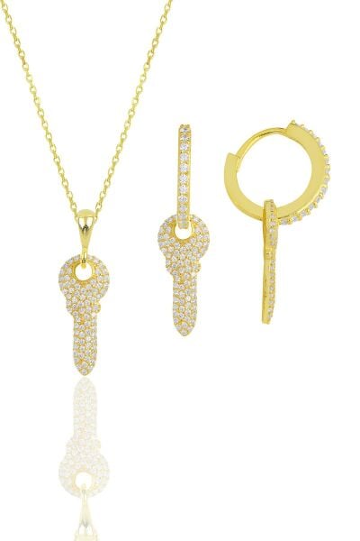 Gümüş altın yaldızlı zirkon taşlı anahtar kolye ve küpe ikili set SGTL11880GOLD