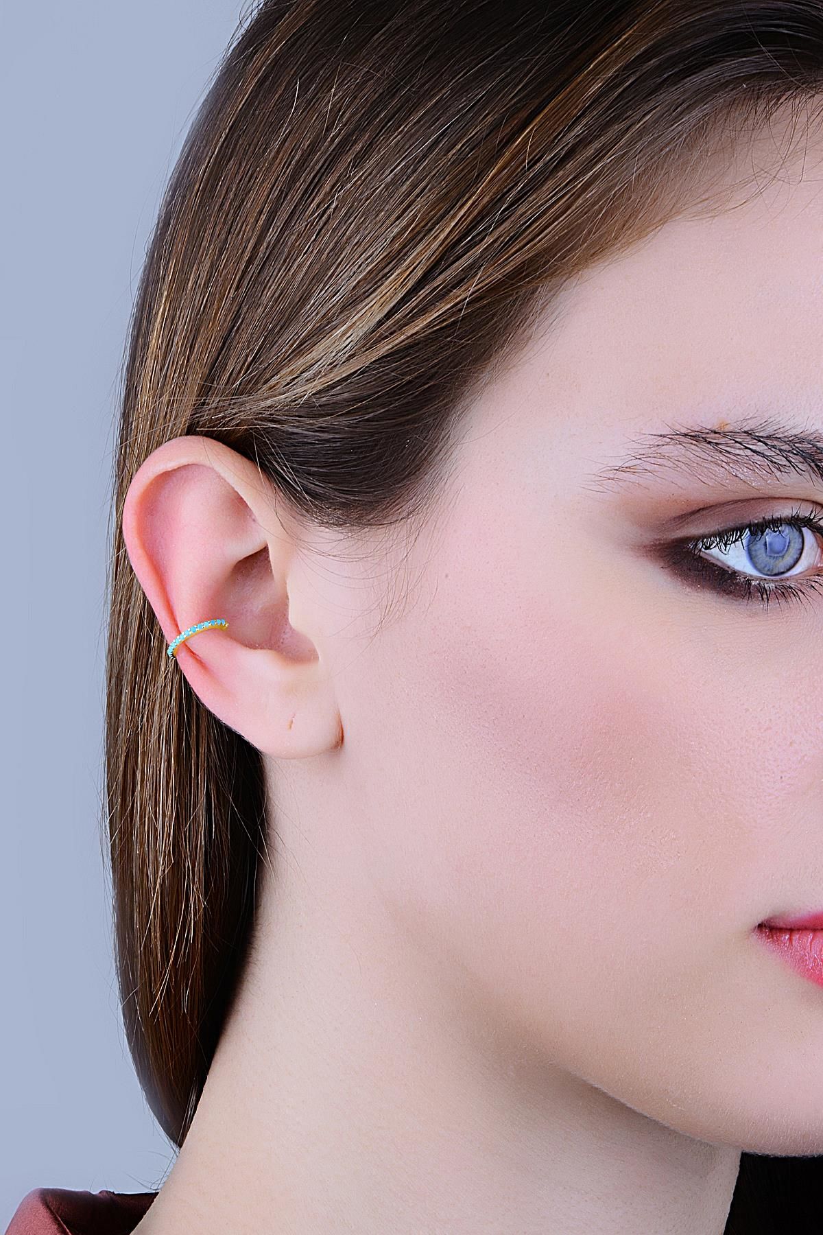 Gümüş altın yaldızlı turkuaz taşlı sıkıştırmalı kıkırdak küpe ear cuff SGTL11966GOLD