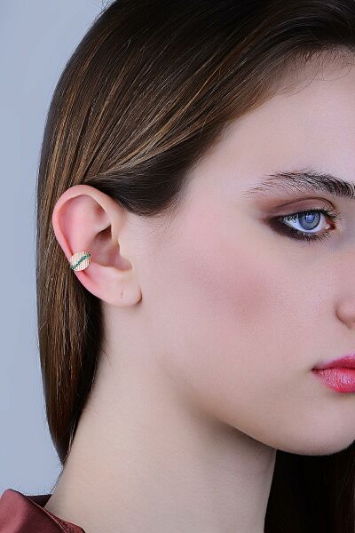 Gümüş rose yeşil taşlı yaprak modeli sıkıştırmalı kıkırdak küpe  ear cuff SGTL11963YESIL