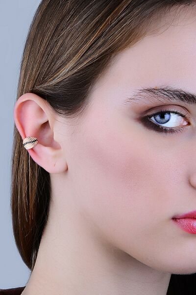 Gümüş rose siyah taşlı yaprak modeli sıkıştırmalı kıkırdak küpe  ear cuff SGTL11963SIYAH