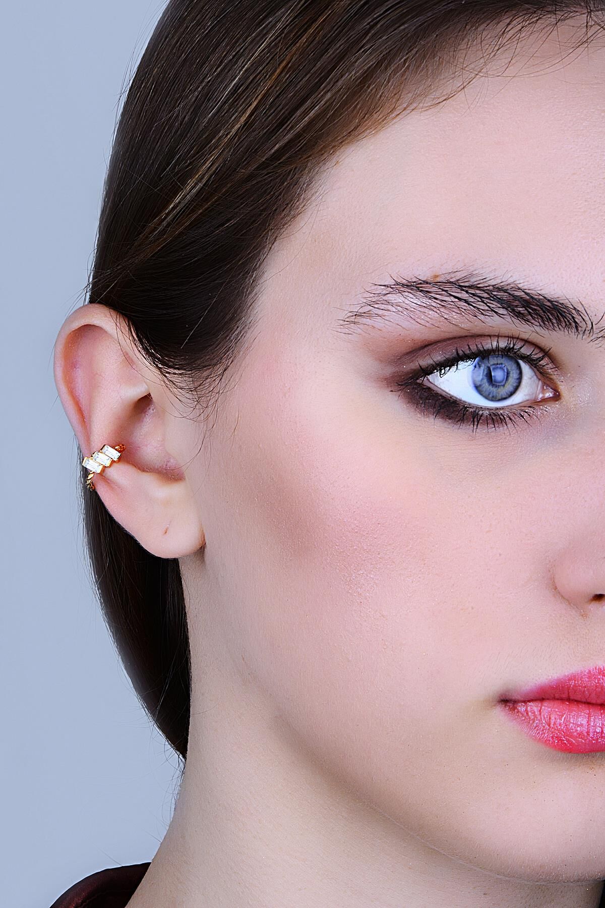 Gümüş rose baget kesim zirkon 3 taşlı sıkıştırmalı kıkırdak küpe ear cuff SGTL11962ROSE