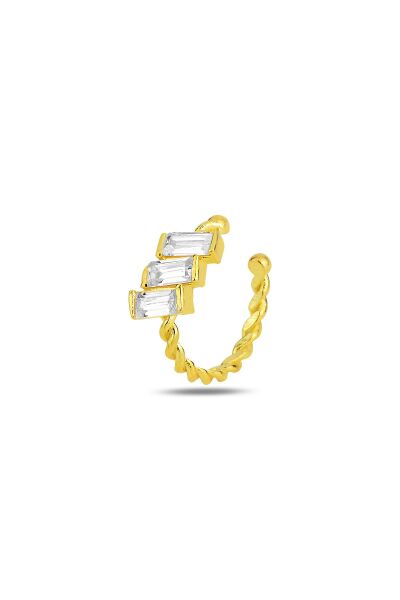 Gümüş altın yaldızlı baget kesim zirkon 3 taşlı sıkıştırmalı kıkırdak küpe ear cuff SGTL11962GOLD