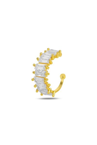 Gümüş altın yaldızlı baget kesim zirkon taşlı sıkıştırmalı kıkırdak küpe ear cuff SGTL11960GOLD