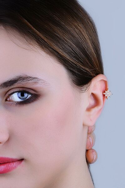 Gümüş rose zirkon taşlı sıkıştırmalı kutup yıldızı kıkırdak küpe ear cuff  SGTL11959ROSE