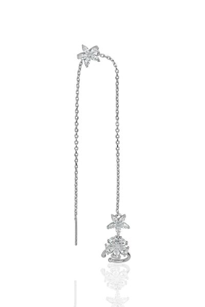 Gümüş rodyumlu zirkon taşlı özel tasarım lotus zincirli kıkırdak küpe SGTL11956RODAJ