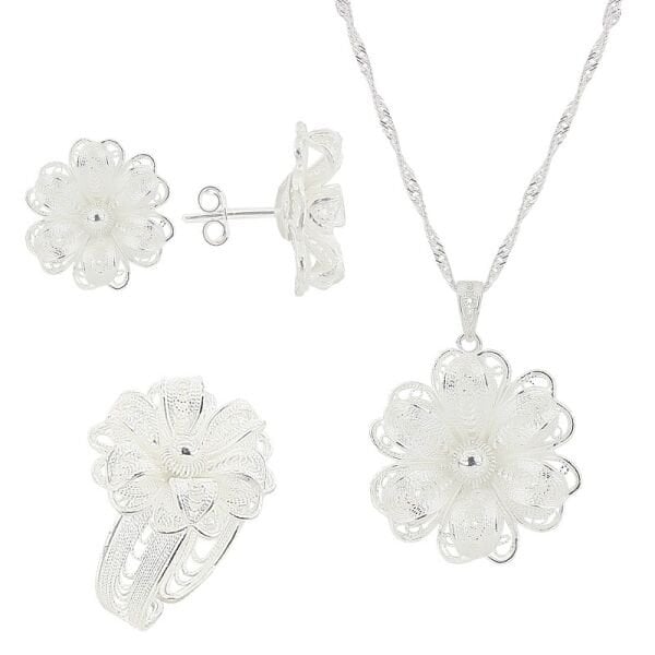 silver filigree 2-layer floral set of three