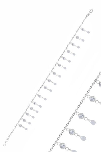 Double row drop sequin anklet with rhodium-plated zirconia stones