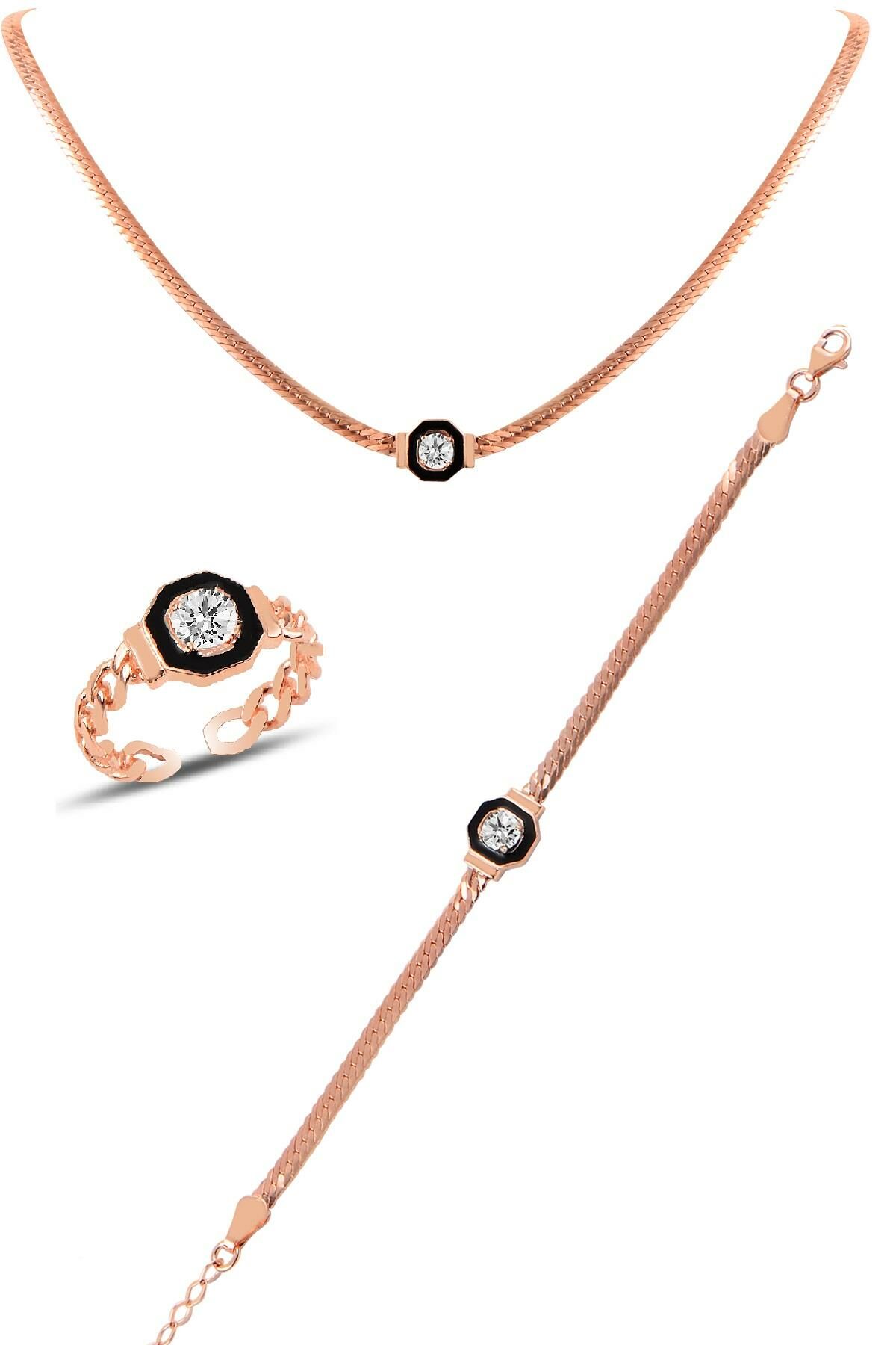 Silver rose Çağla Şikel necklace, bracelet and ring silver set