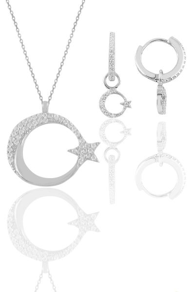 Gümüş rodyumlu zirkon taşlı ay yıldız kolye ve küpe ikili set SGTL11668RODAJ