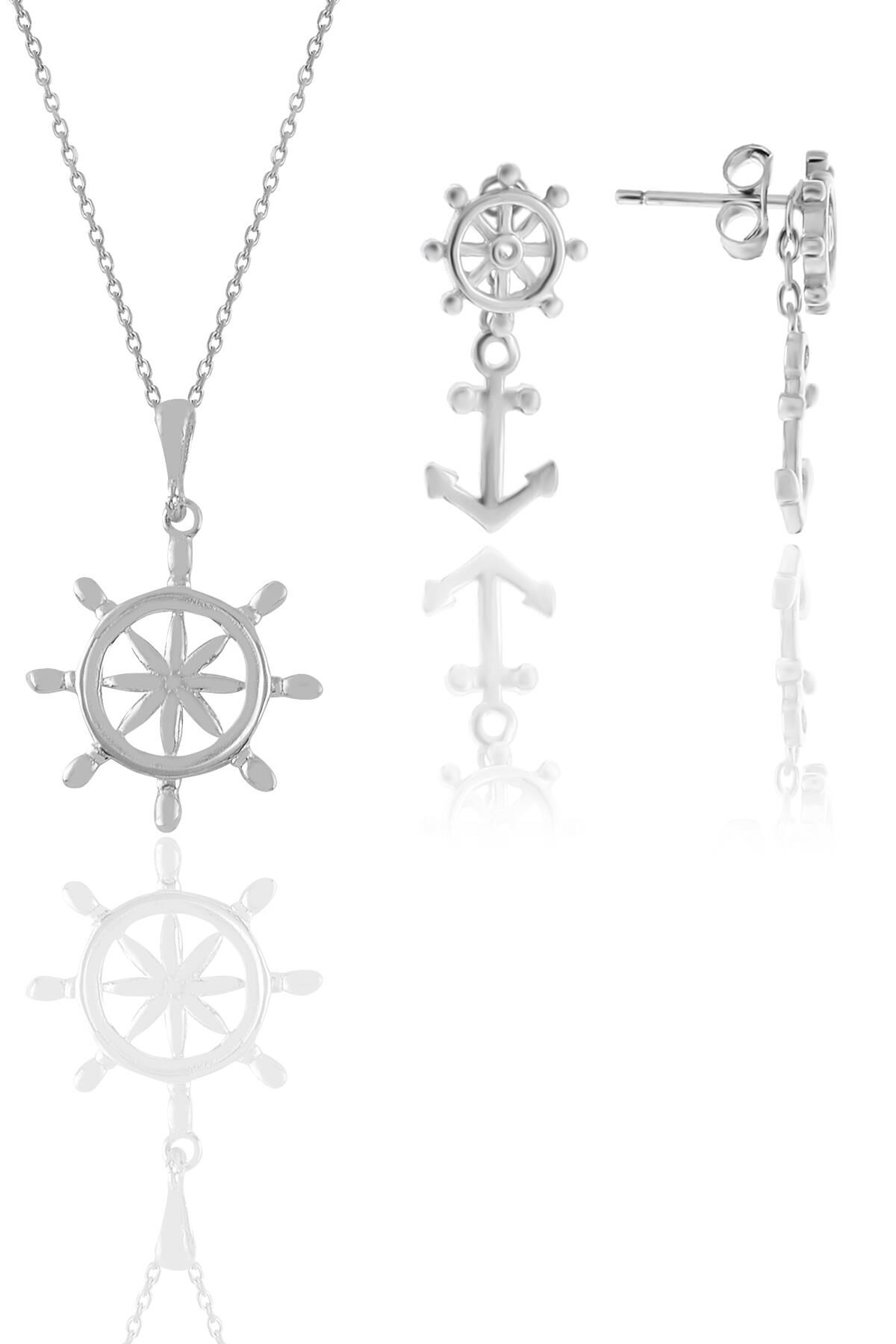 Gümüş Rodyumlu denizci dümeni kolye ve küpe ikili set SGTL11670RODAJ