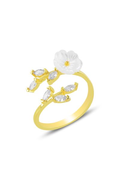 Sterling silver gilded magnolia flower ring with mother-of-pearl stones.