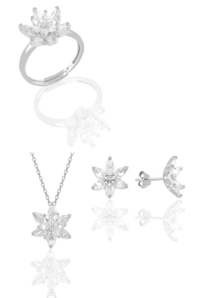 Gümüş rodyumlu  taşlı nilüfer lotus çiçeği üçlü set