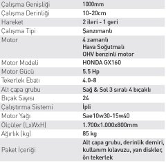 Kama By Reis Honda SR1Z-100 Çapa Makinası Benzinli İpli 5,5 Hp + Çapa Alt Grubu + Tekerlekler Hediye