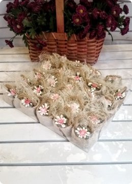 25 li jüt İpten Mini Pudra+Krem Çiçek Sepet Süslü Söz-Nişan Sekeri