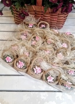 25 li jüt İpten Mini Pudra  Pembe Çiçek Sepeti Süslü Söz-Nişan Sekeri