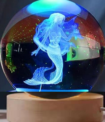 Dekoratif Deniz Kızı Tasarımlı Ahşap altlıklı Işıklı Cam Küre büyük boy 8cm