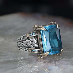 Zincir Serisi 925 Ayar Blue Topaz Erkek Gümüş Yüzük