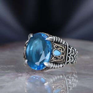 Zincir Serisi 925 Ayar Blue Topaz Erkek Gümüş Yüzük