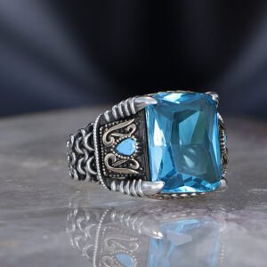 Zincir Serisi 925 Ayar  Blue Topaz Erkek Gümüş Yüzük