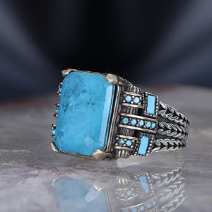 Zincir Serisi 925 Ayar Blue Topaz Erkek Gümüş Yüzük