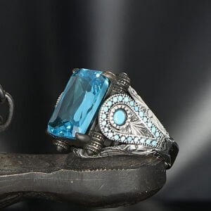 Blue topaz Taşlı 925 Ayar Erkek Gümüş Yüzük