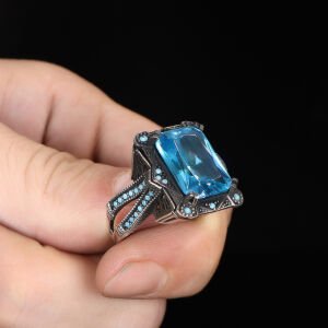 Blue Topaz Taşlı 925 Ayar Erkek Gümüş Yüzük