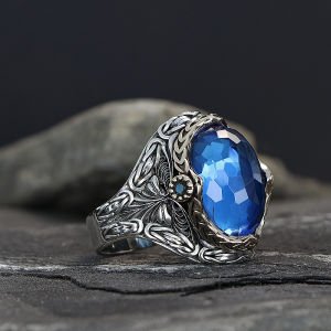 Kral Zincir Model Blue Topaz Taşlı  925 Ayar Erkek Gümüş Yüzük