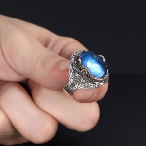 Kral Zincir Model Blue Topaz Taşlı  925 Ayar Erkek Gümüş Yüzük