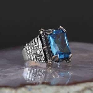 Silahlı Model Blue Topaz Taşlı 925 Ayar Erkek Gümüş Yüzük