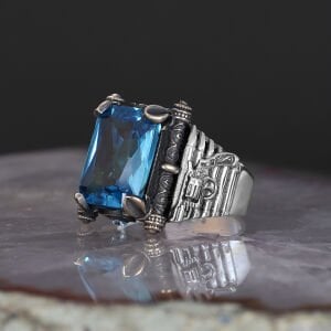 Silahlı Model Blue Topaz Taşlı 925 Ayar Erkek Gümüş Yüzük