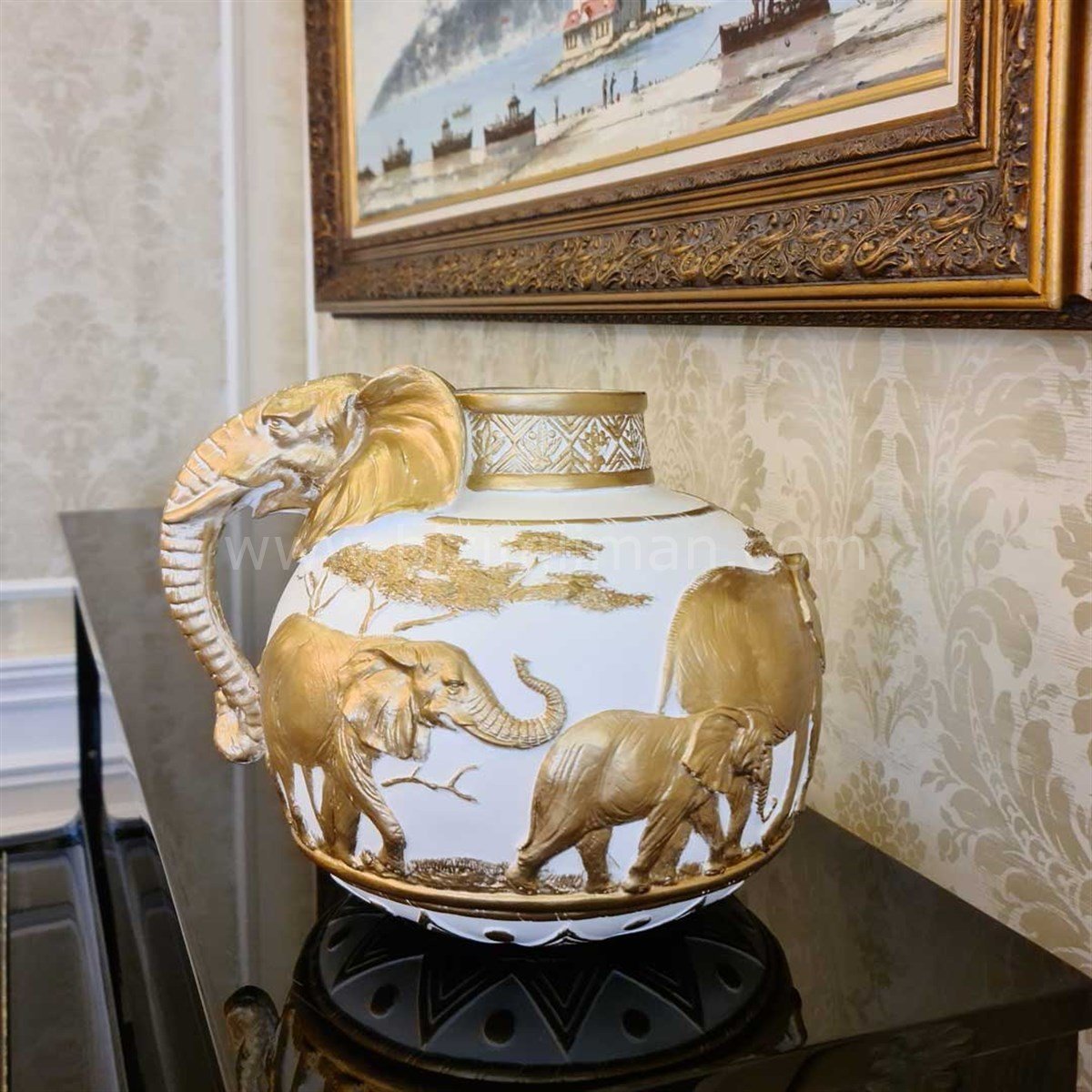 Fil Figürlü Safari Vazo Beyaz Gold