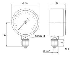 Pakkens Çap 50 0/100 Bar Kuru Tip Basınç Ölçer, Manometre, Basınç Göstergesi 1/4 inch