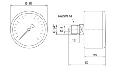 Pakkens 0-10 Bar 50 mm Arkadan Bağlantılı Kuru Manometre G 1/8 inç