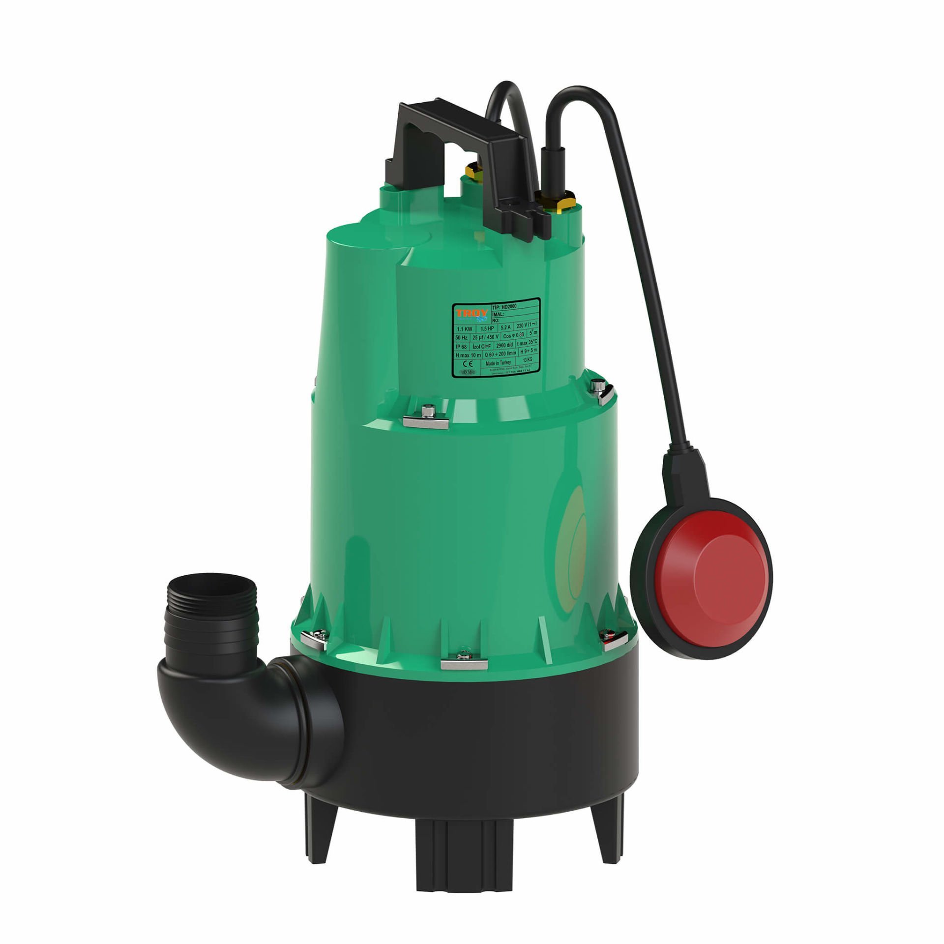 Troy HD 2000 Flatörlü Kirli Su Foseptik Açık Çarklı Dalgıç Pompa 1100 Watt