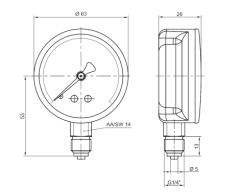 Pakkens Çap 63 0/400 Bar Kuru Tip Basınç Ölçer, Manometre, Basınç Göstergesi 1/4 inch