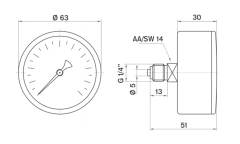 Pakkens 0-315 Bar 63 mm Arkadan Bağlantılı Kuru Manometre G 1/4 inç