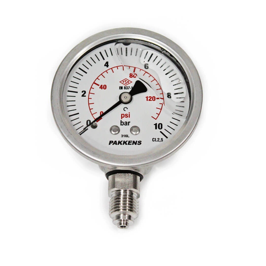 Pakkens 0-10 Bar 63 mm Alttan Bağlantılı Gliserinli Paslanmaz Manometre G 1/4 inç